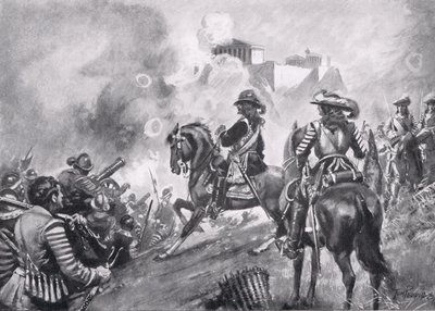 Francesco Morosini bombarda il Partenone, illustrazione da Hutchinsons History of the Nations da Thomas Peddie
